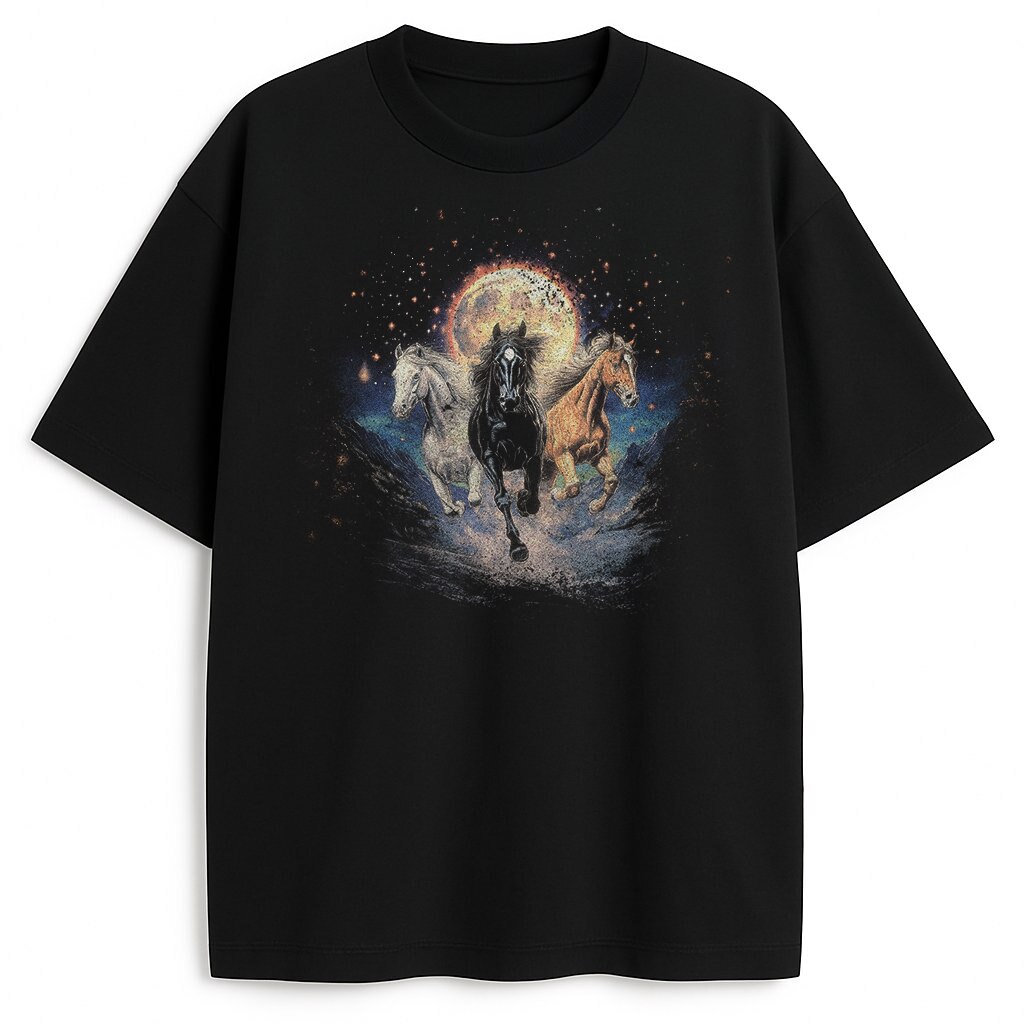 Czarny t-shirt z trzema końmi na tle księżyca, widok przodu.