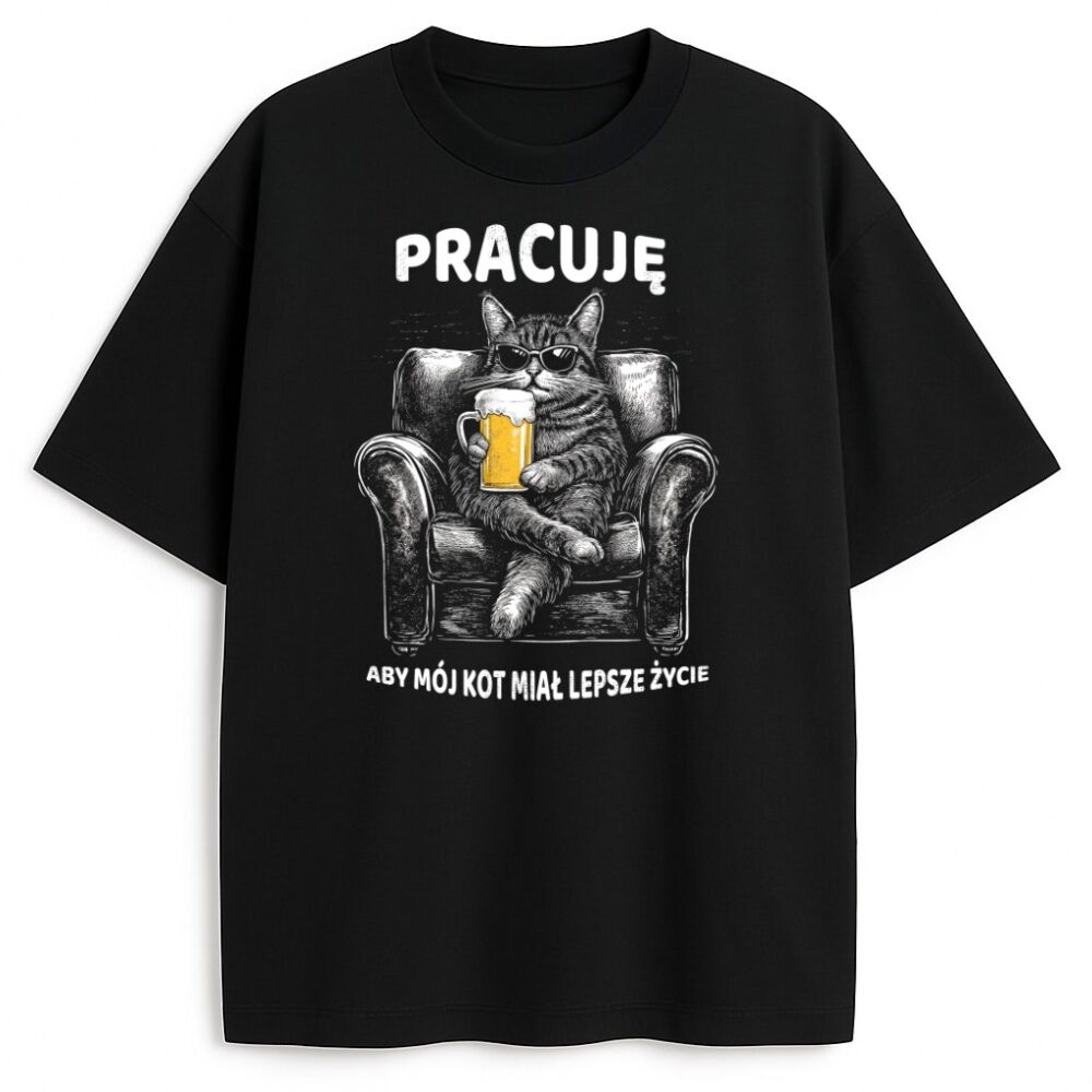 Czarna koszulka z grafiką kota w fotelu z piwem i zabawnym napisem