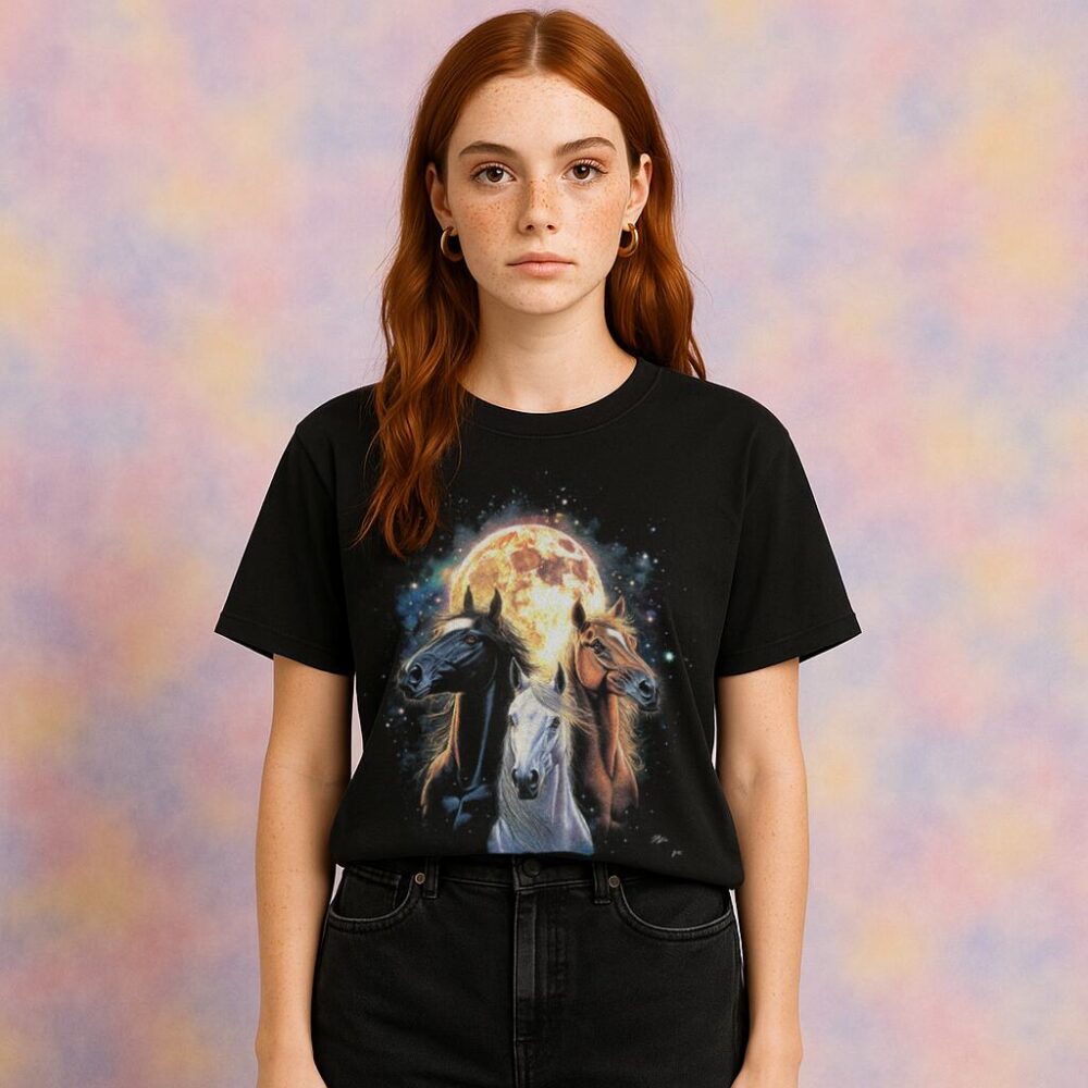 Modelka w czarnej koszulce; nocny motyw z księżycem i trzema sylwetkami, pastelowe tło