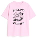 Różowa koszulka Rolling Fatties z retro rysunkiem kota i napisem