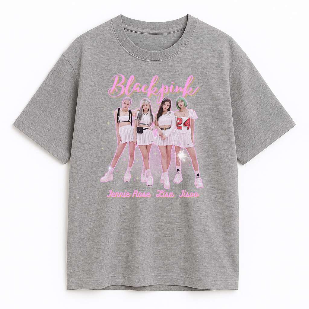 T-shirt Blackpink szary z wizerunkiem Jennie Rosé Lisa Jisoo w pastelowych tonach