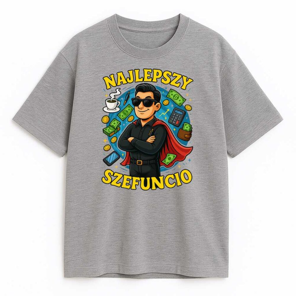 Szara koszulka Najlepszy Szefuncio z nadrukiem szefa-superbohatera