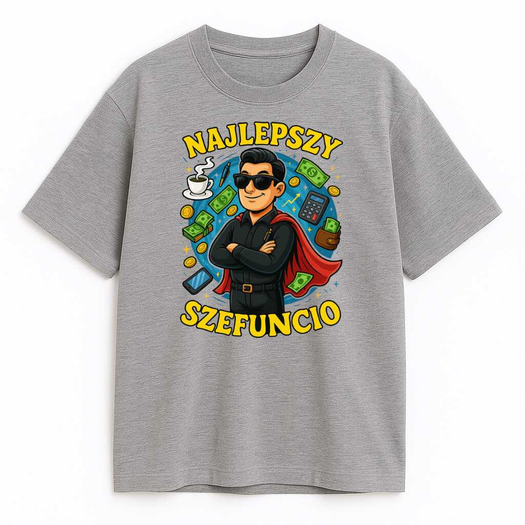 Szara koszulka Najlepszy Szefuncio z nadrukiem szefa-superbohatera