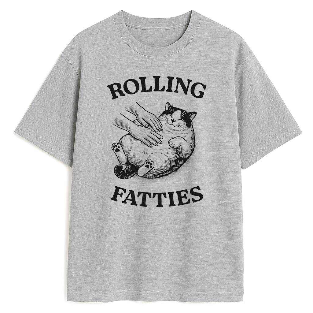 Szara koszulka Rolling Fatties z kocim lineartem w stylu vintage