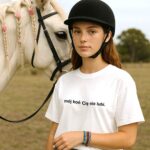 Modelka w białej koszulce, czarny napis na piersi, koń w tle