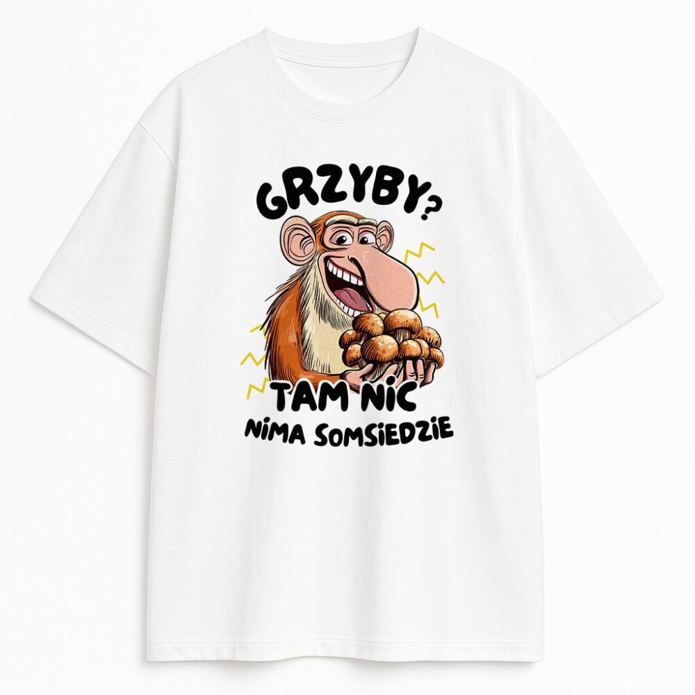 biała koszulka z nosaczem i napisem, humorystyczny nadruk