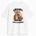 biała koszulka z nosaczem i napisem, humorystyczny nadruk