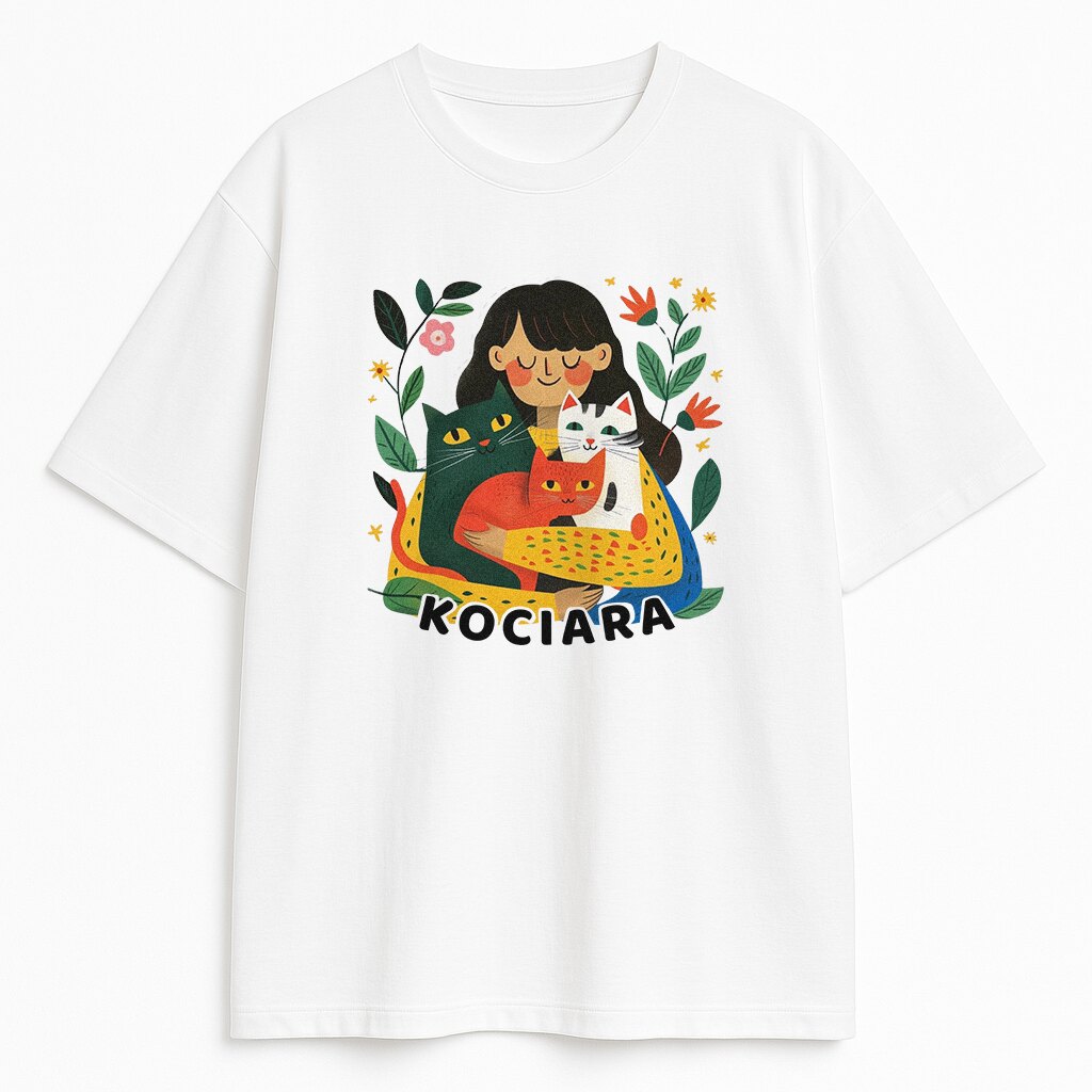 t-shirt dla kociary biały - koszulka z kotami i kwiatami