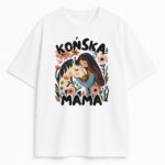 Biały t-shirt Końska Mama na płasko, widok przodu