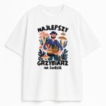 biały t-shirt z folkową ilustracją zbieracza