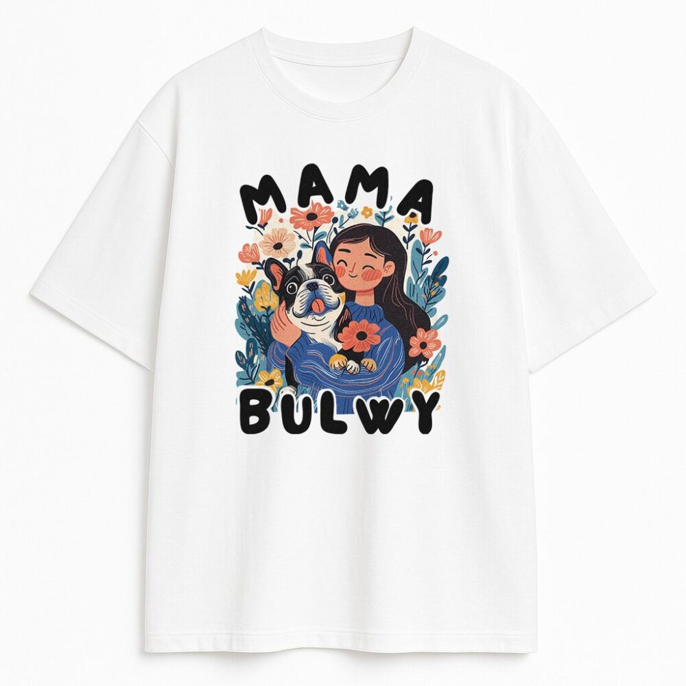 Biała koszulka z buldogiem francuskim Mama Bulwy dla psiary z frenchie