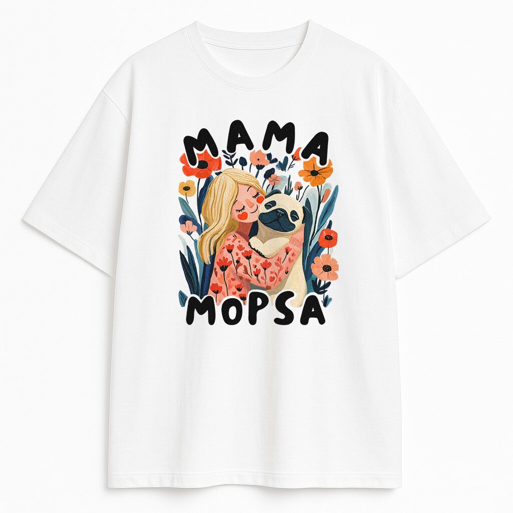 Biała koszulka dla opiekunki mopsa Mama Mopsa z ilustracją kobiety i psa