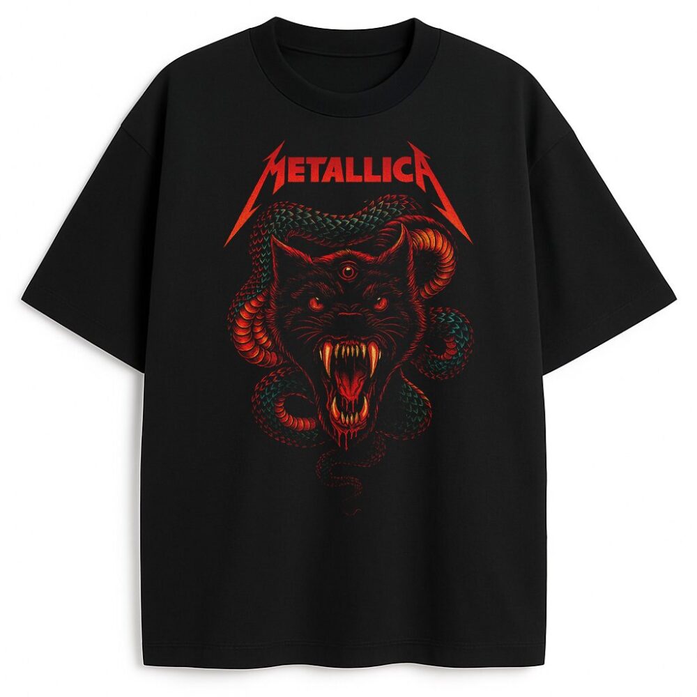 Czarna koszulka Metallica Bite the Beast z grafiką wilka z trzecim okiem i wężem