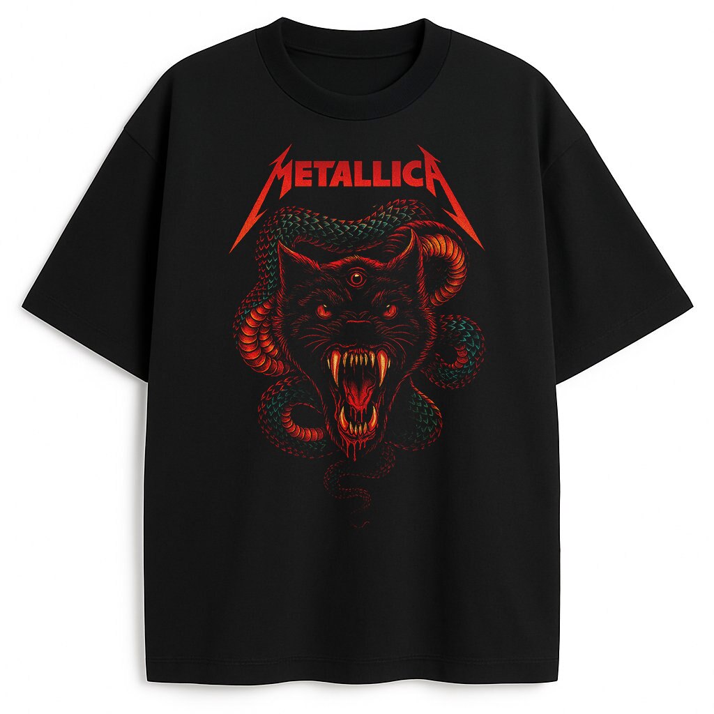 Czarna koszulka Metallica Bite the Beast z grafiką wilka z trzecim okiem i wężem
