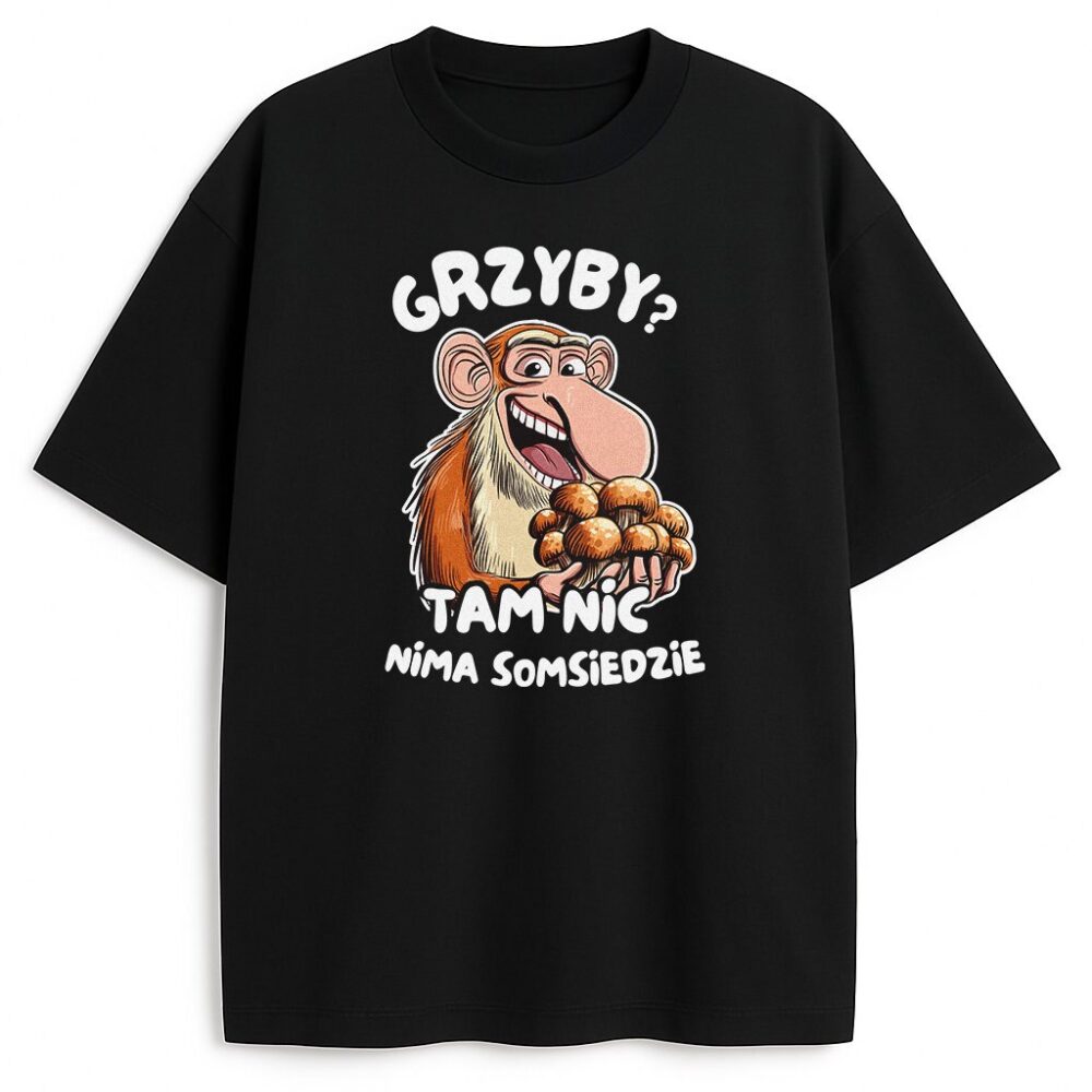 czarna koszulka z nosaczem i napisem, wyrazisty styl