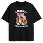 czarna koszulka z nosaczem i napisem, wyrazisty styl