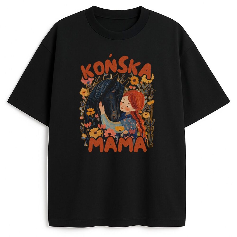 Czarna koszulka Końska Mama z kwiatowym tłem i czarnym koniem