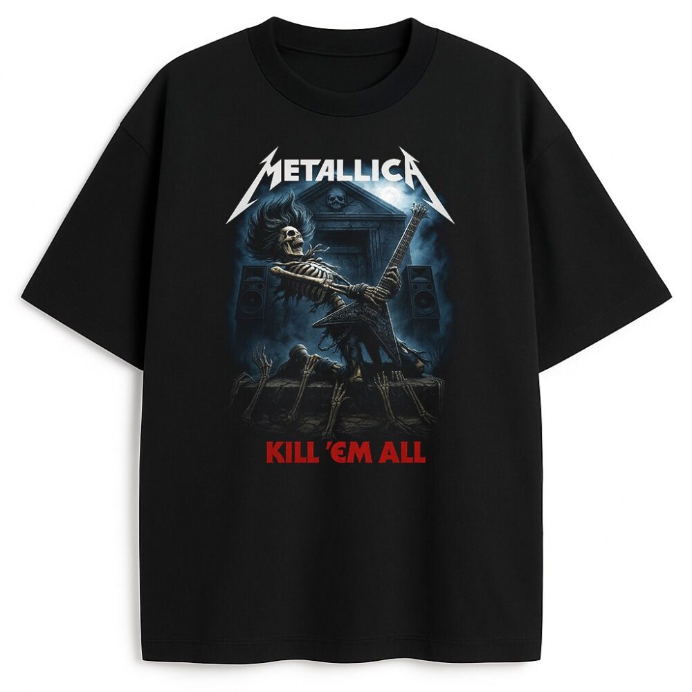 Czarna koszulka Metallica Kill'em All z grafiką szkieletu grającego na gitarze