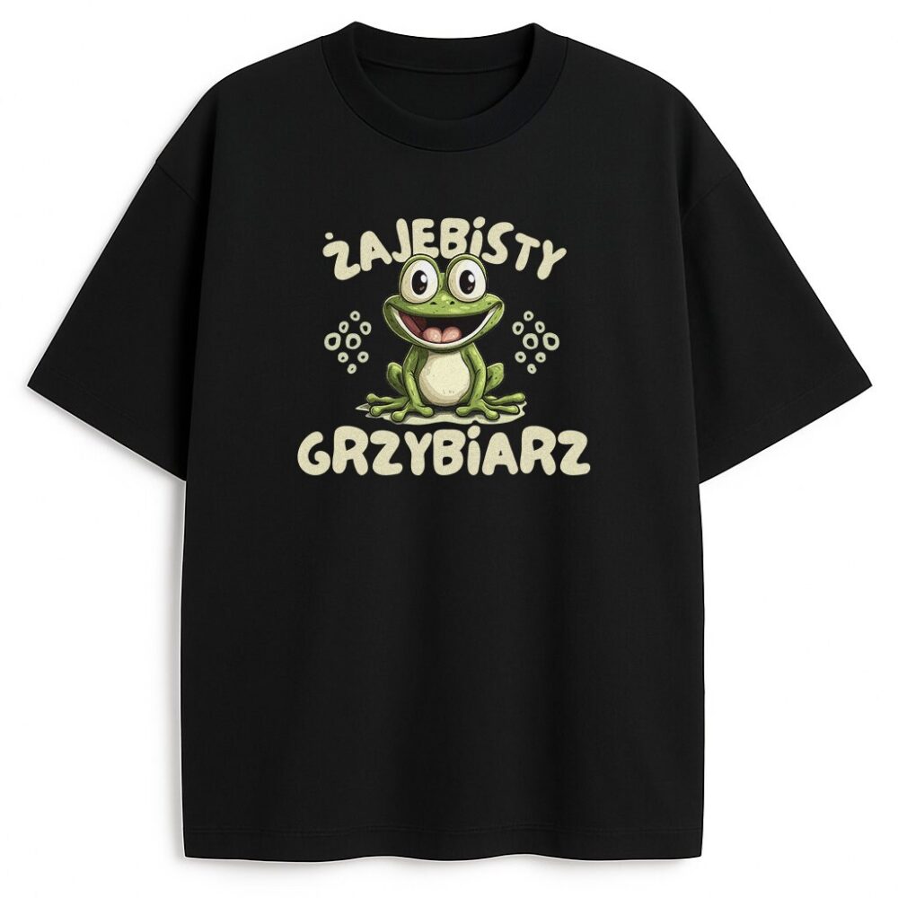 czarny t-shirt z rysunkową żabą i napisem