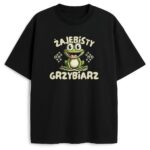 czarny t-shirt z rysunkową żabą i napisem
