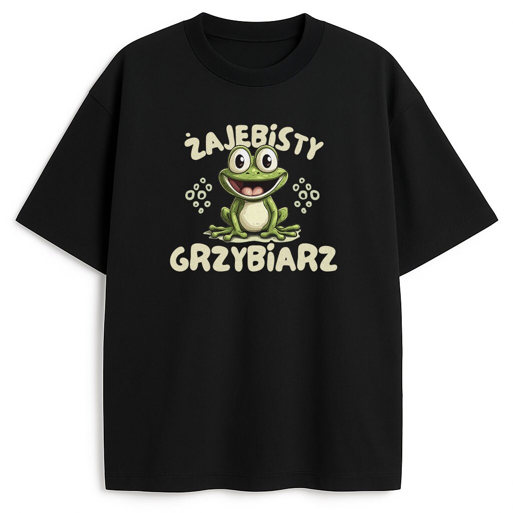 czarny t-shirt z rysunkową żabą i napisem