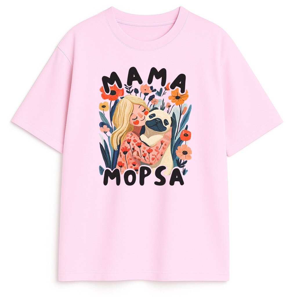 Różowa koszulka z mopsem dla kobiety Mama Mopsa z kwiatowym nadrukiem