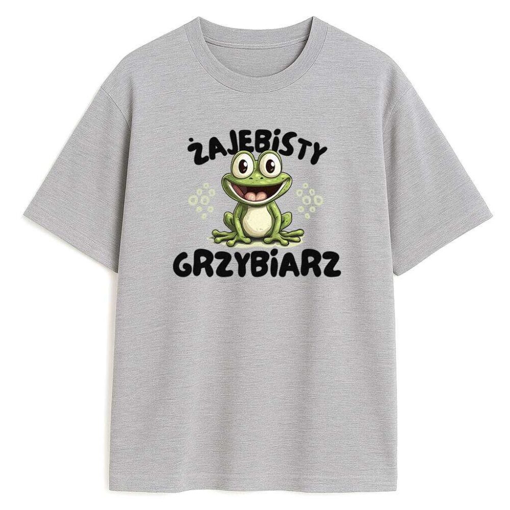 szary t-shirt z wesołą ilustracją