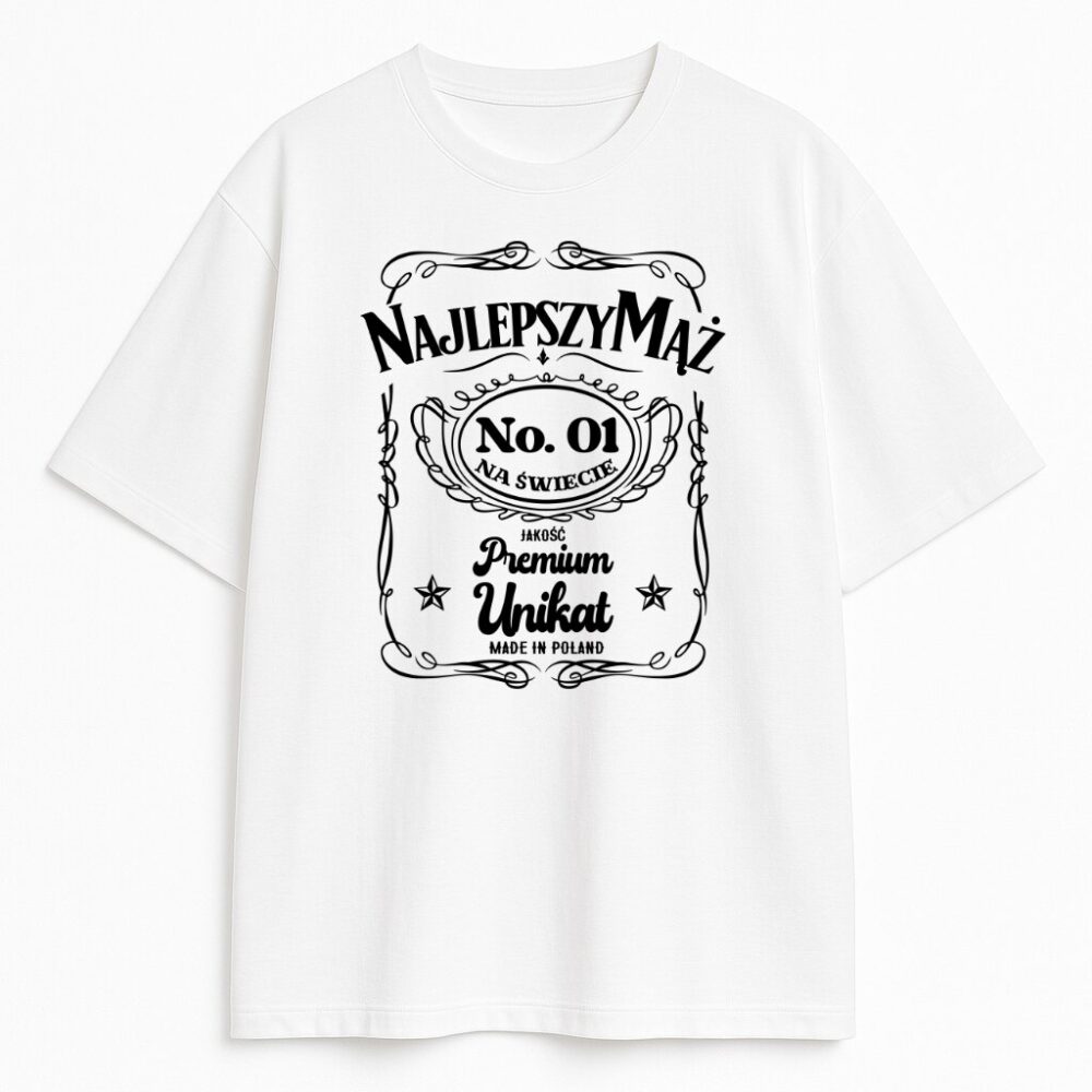 Biała koszulka Najlepszy Mąż z nadrukiem inspirowanym whisky