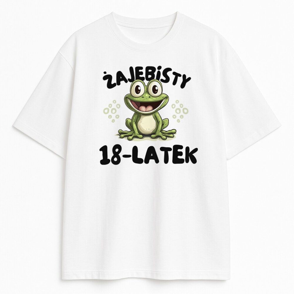 Biała koszulka z napisem Żajebisty 18-latek i rysunkową żabą