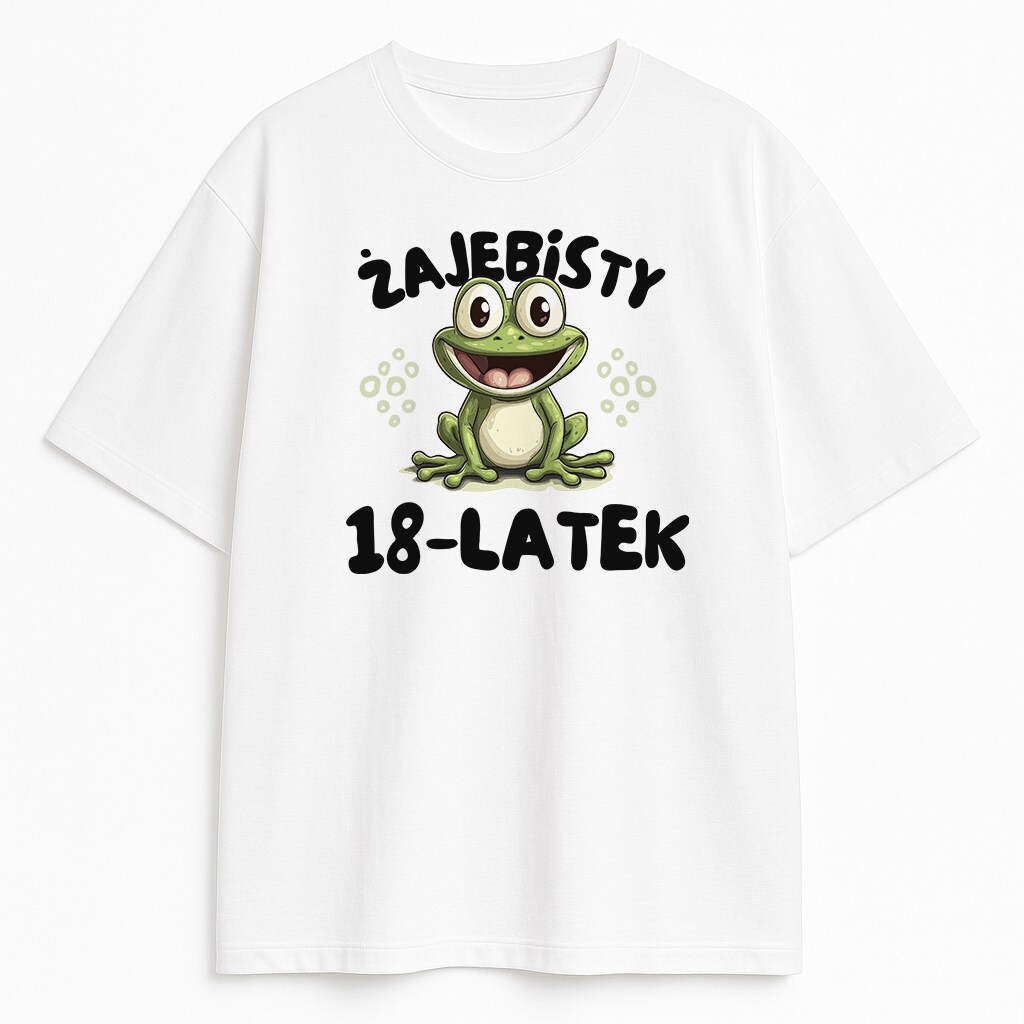 Biała koszulka z napisem Żajebisty 18-latek i rysunkową żabą