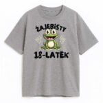 Szara koszulka z rysunkową żabą i zabawnym napisem Żajebisty 18-latek