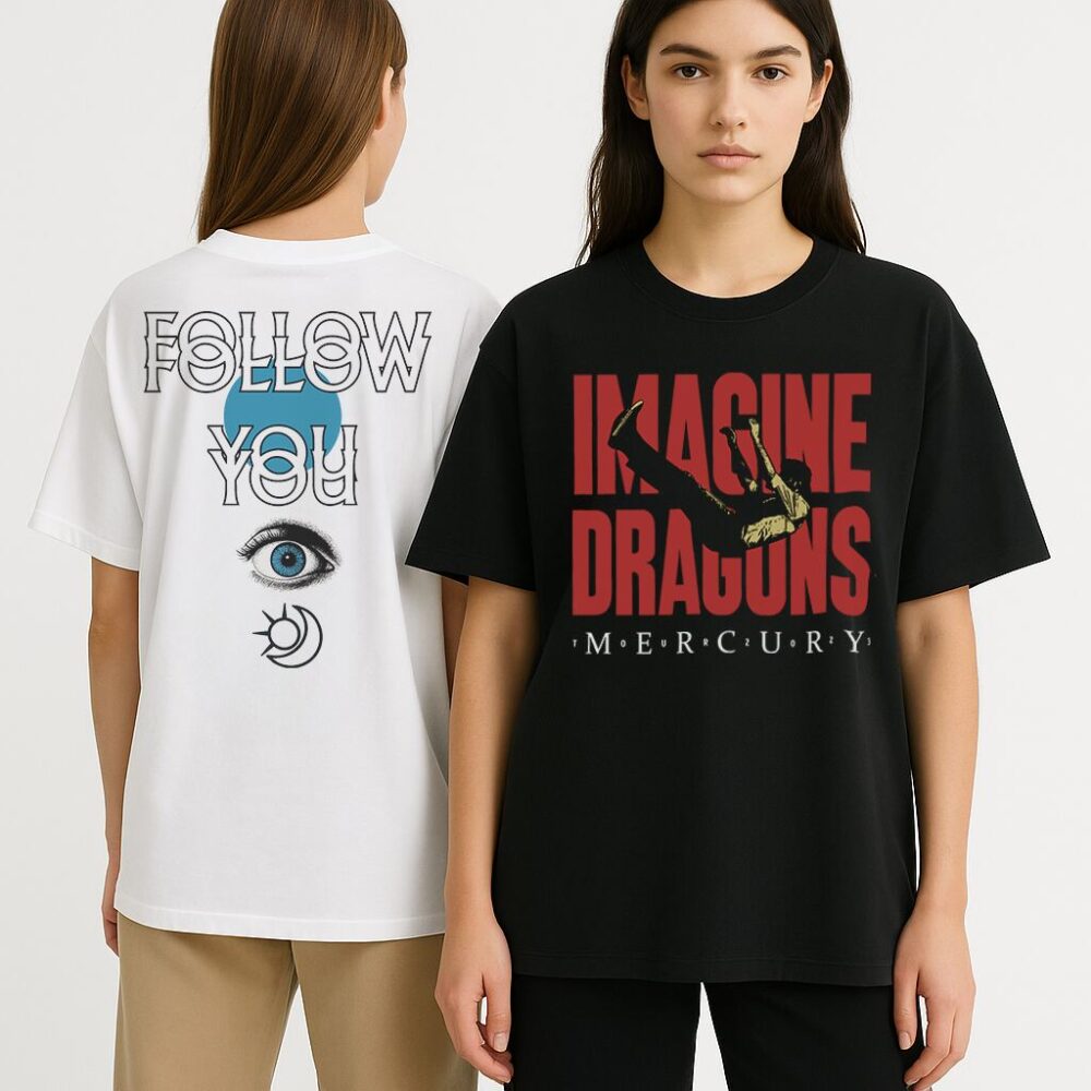 T-shirt Imagine Dragons Mercury i Follow You – czarna koszulka z przodu i biała z tyłu, modelki w stylizacjach koncertowych