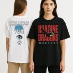 T-shirt Imagine Dragons Mercury i Follow You – czarna koszulka z przodu i biała z tyłu, modelki w stylizacjach koncertowych