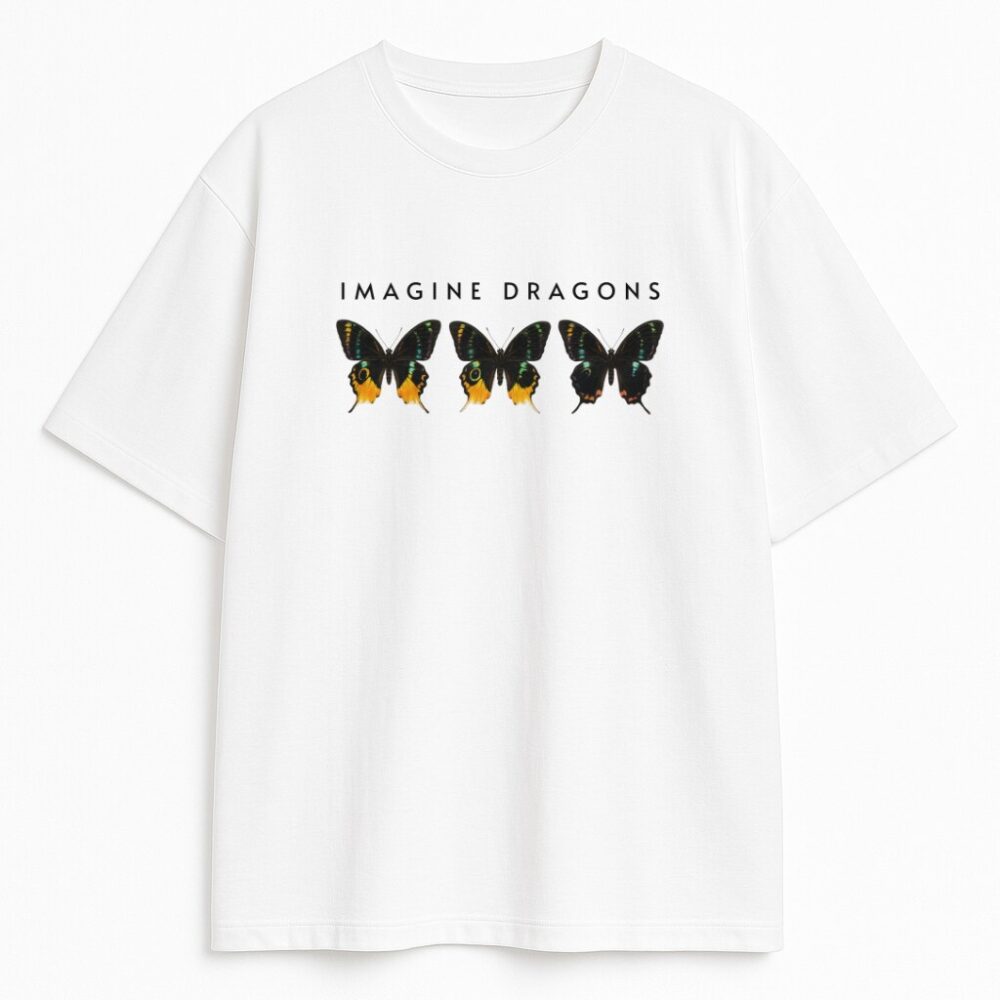 T-shirt Imagine Dragons Butterflies z minimalistycznym układem i fanowską symboliką