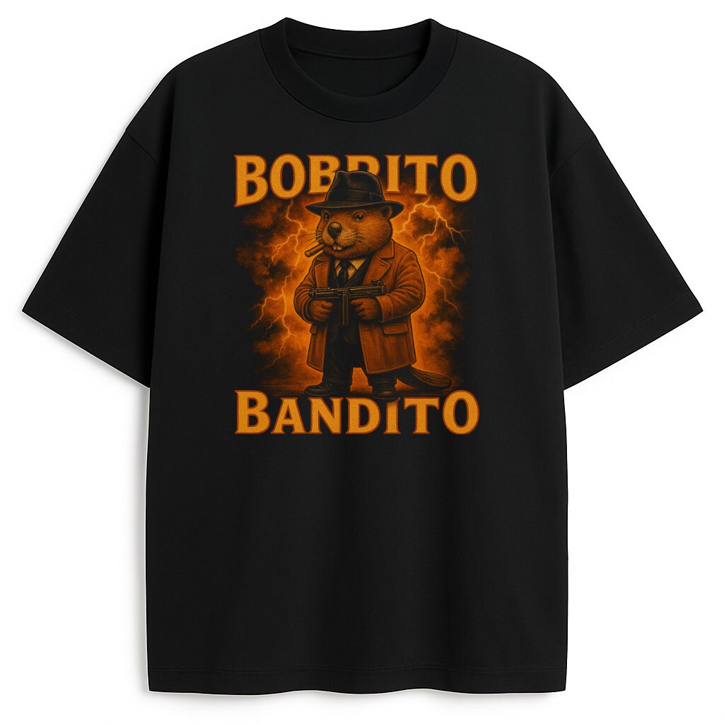 T-shirt Bombrito Bandito z pomarańczowym nadrukiem bobra gangstera, wersja czarna