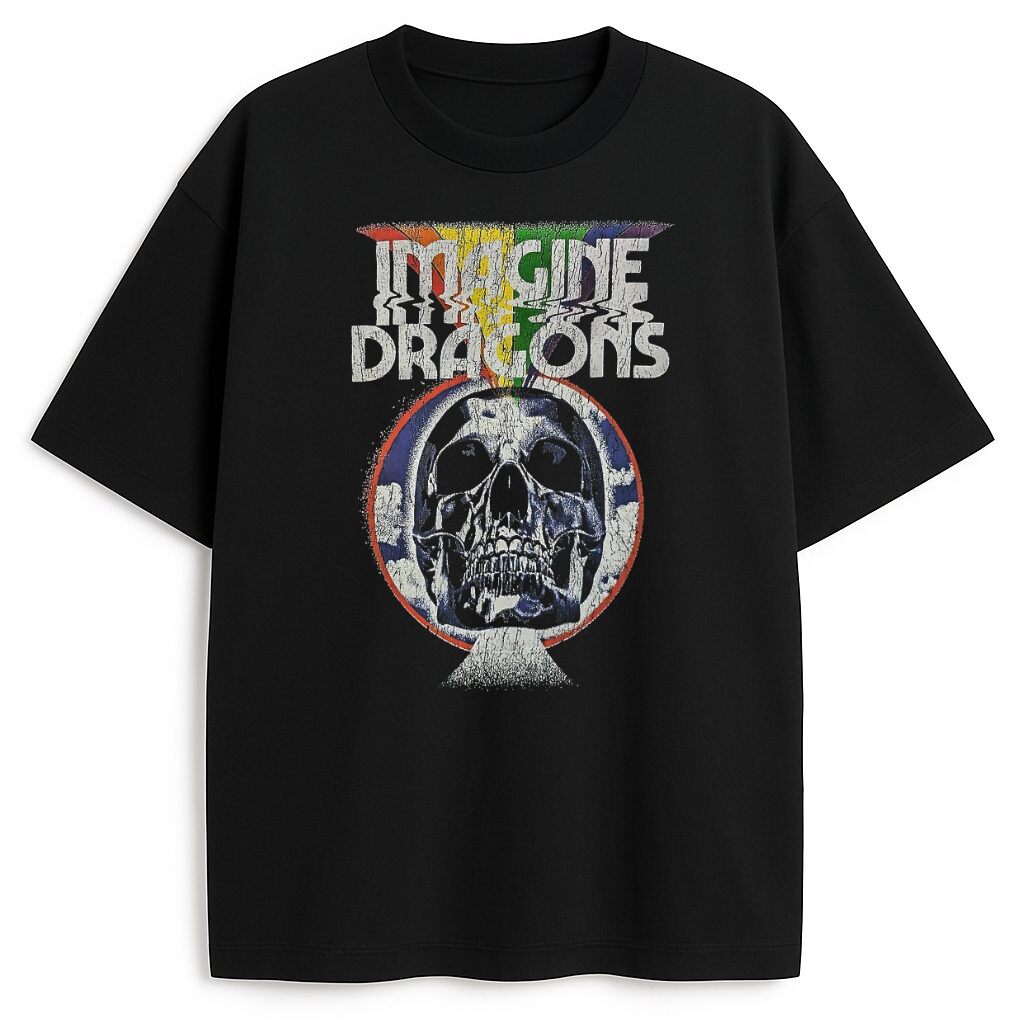 T-shirt Imagine Dragons Rainbow Mind z czaszką i glitch efektem, kolor czarny