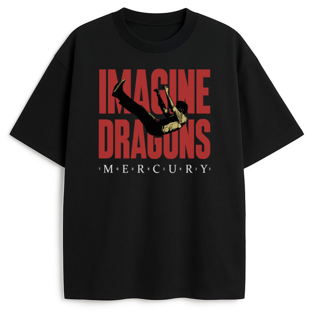 T-shirt Imagine Dragons Mercury z czerwonym napisem i spadającą sylwetką, wersja czarna