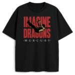 T-shirt Imagine Dragons Mercury z czerwonym napisem i spadającą sylwetką, wersja czarna