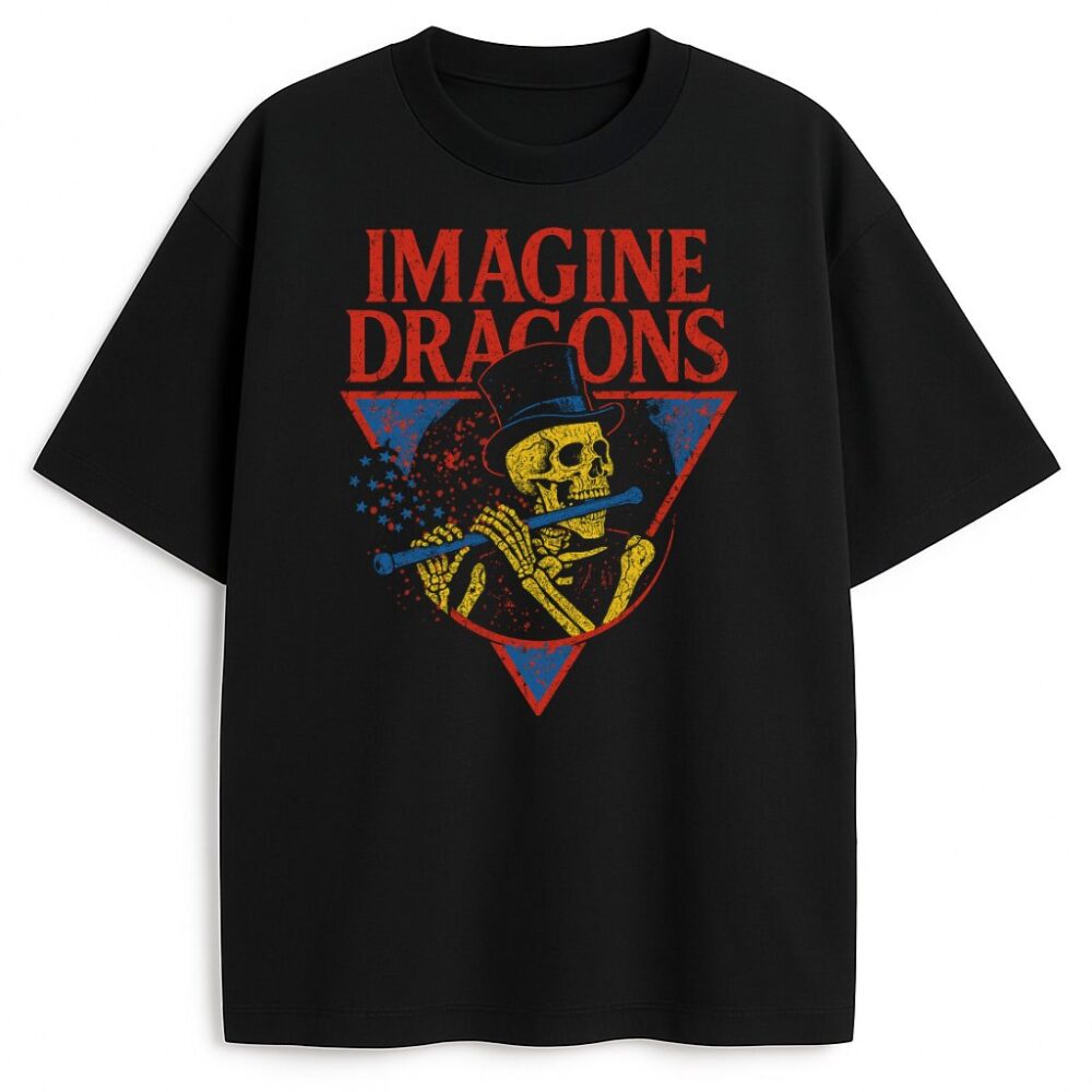 Czarny T-shirt Imagine Dragons Skeletor Flute z żółtym szkieletem grającym na flecie