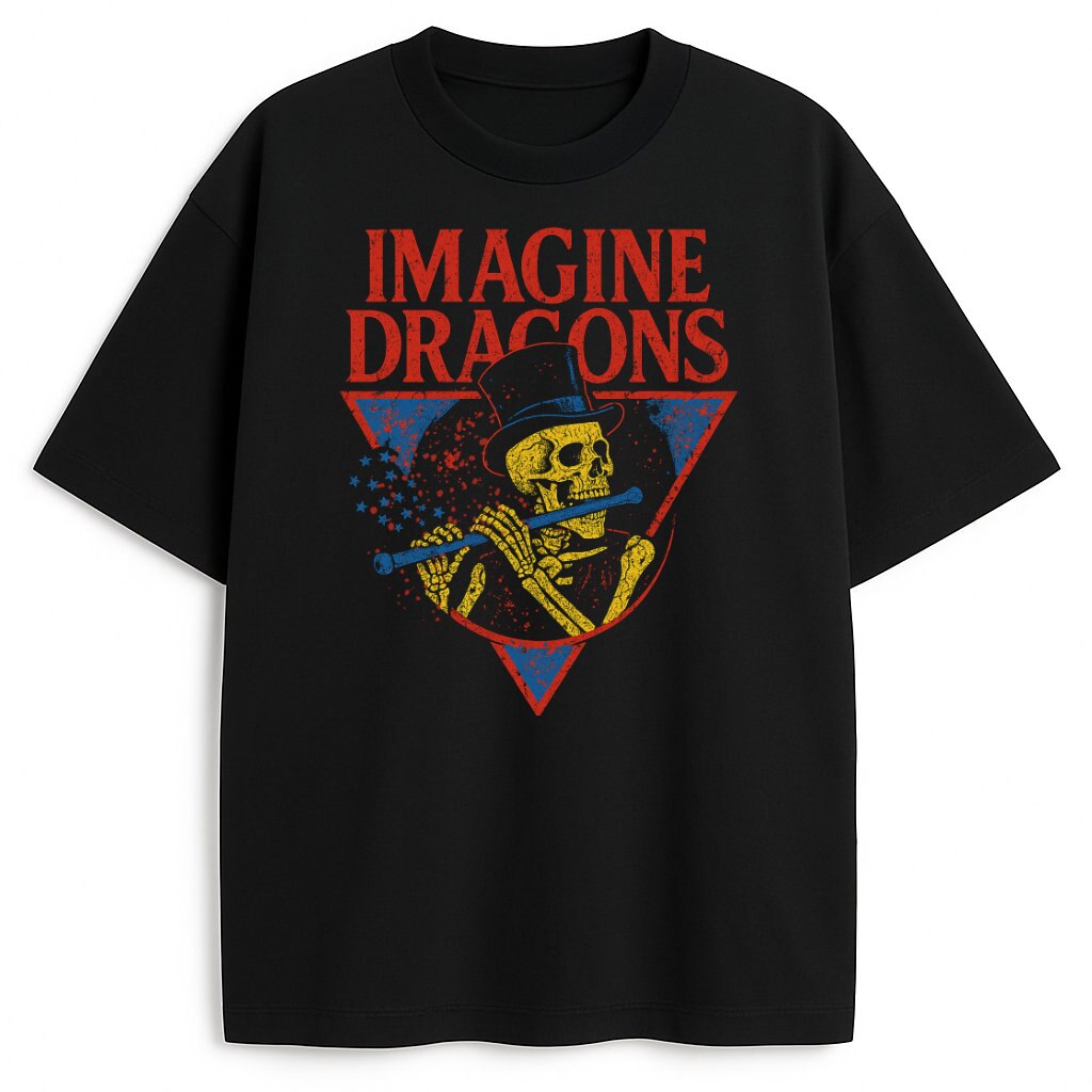 Czarny T-shirt Imagine Dragons Skeletor Flute z żółtym szkieletem grającym na flecie