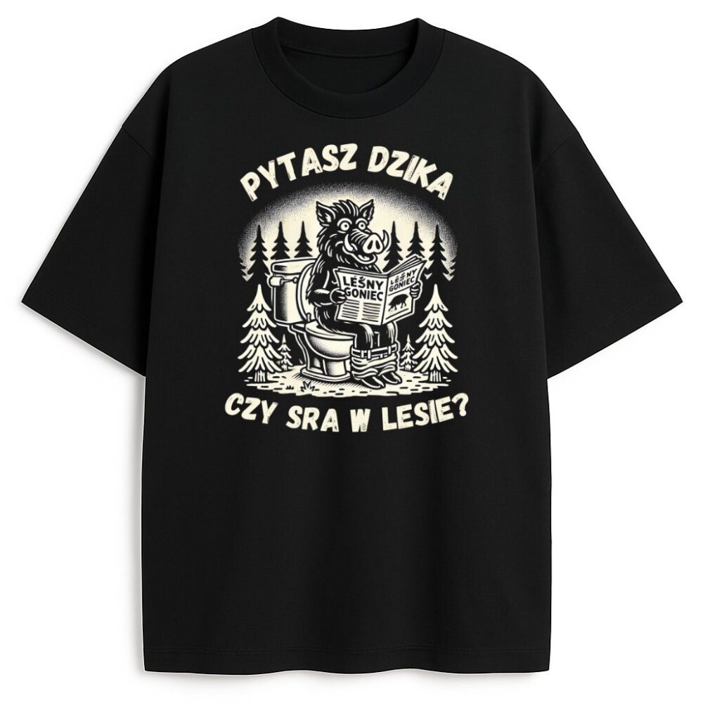 Czarna koszulka z dzikiem czytającym gazetę w lesie na toalecie