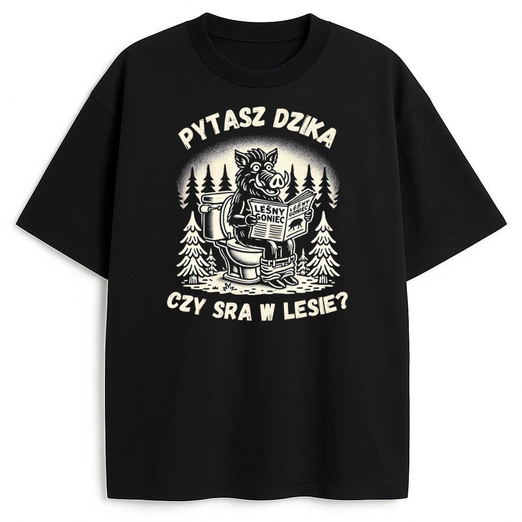 Czarna koszulka z dzikiem czytającym gazetę w lesie na toalecie