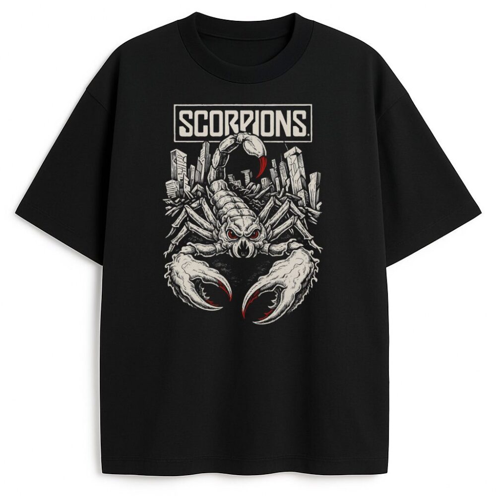 Czarna koszulka Scorpions Rock The City z grafiką skorpiona i wieżowców