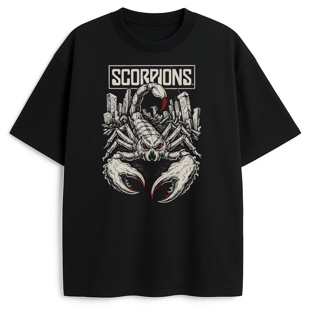 Czarna koszulka Scorpions Rock The City z grafiką skorpiona i wieżowców