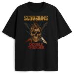 Czarny T-shirt Scorpions Double Thunder z grafiką czaszki i gitar