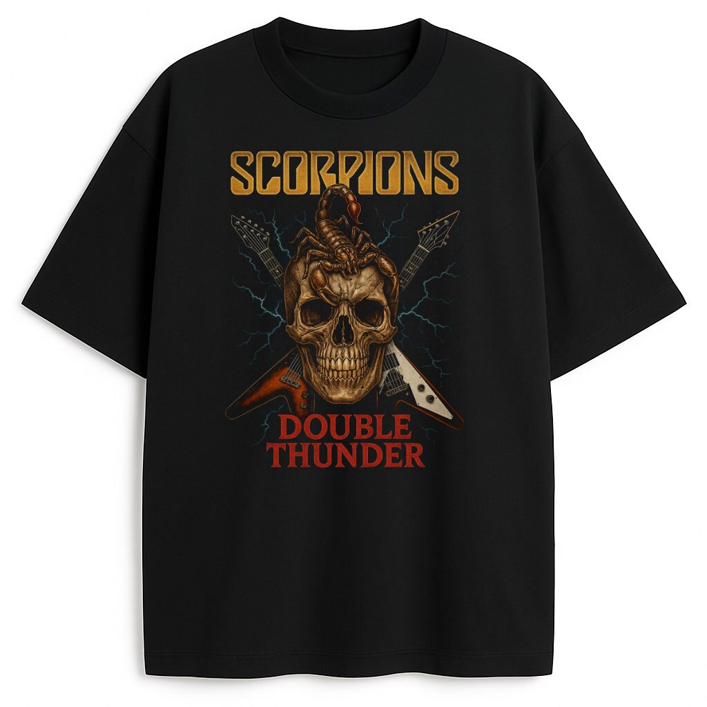 Czarny T-shirt Scorpions Double Thunder z grafiką czaszki i gitar