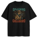 T-shirt Spijuniro Golubiro z grafiką gołębia szpiega, wersja czarna
