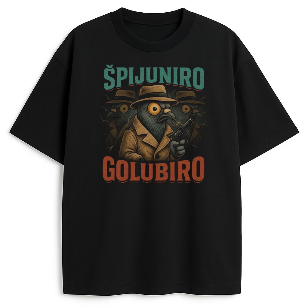 T-shirt Spijuniro Golubiro z grafiką gołębia szpiega, wersja czarna