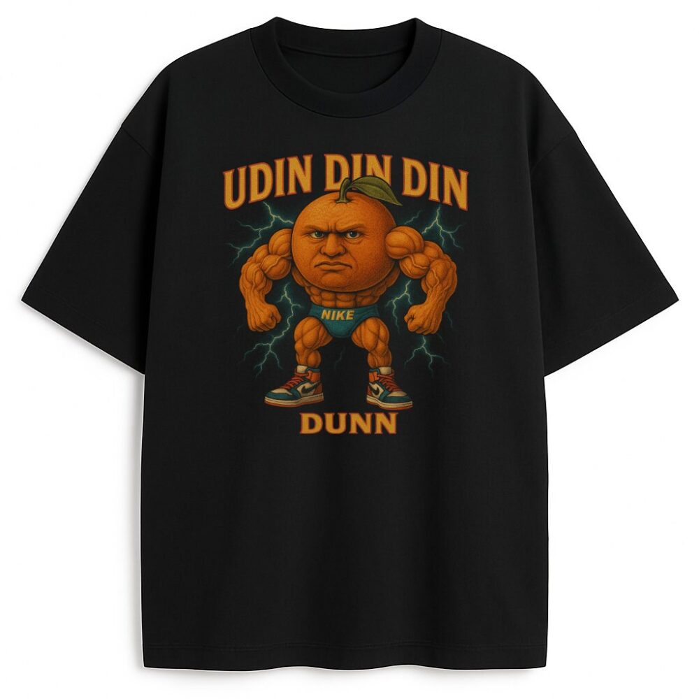 T-shirt Udin Din Din Dunn z nadrukiem pomarańczowego kulturysty z twarzą i butami Nike