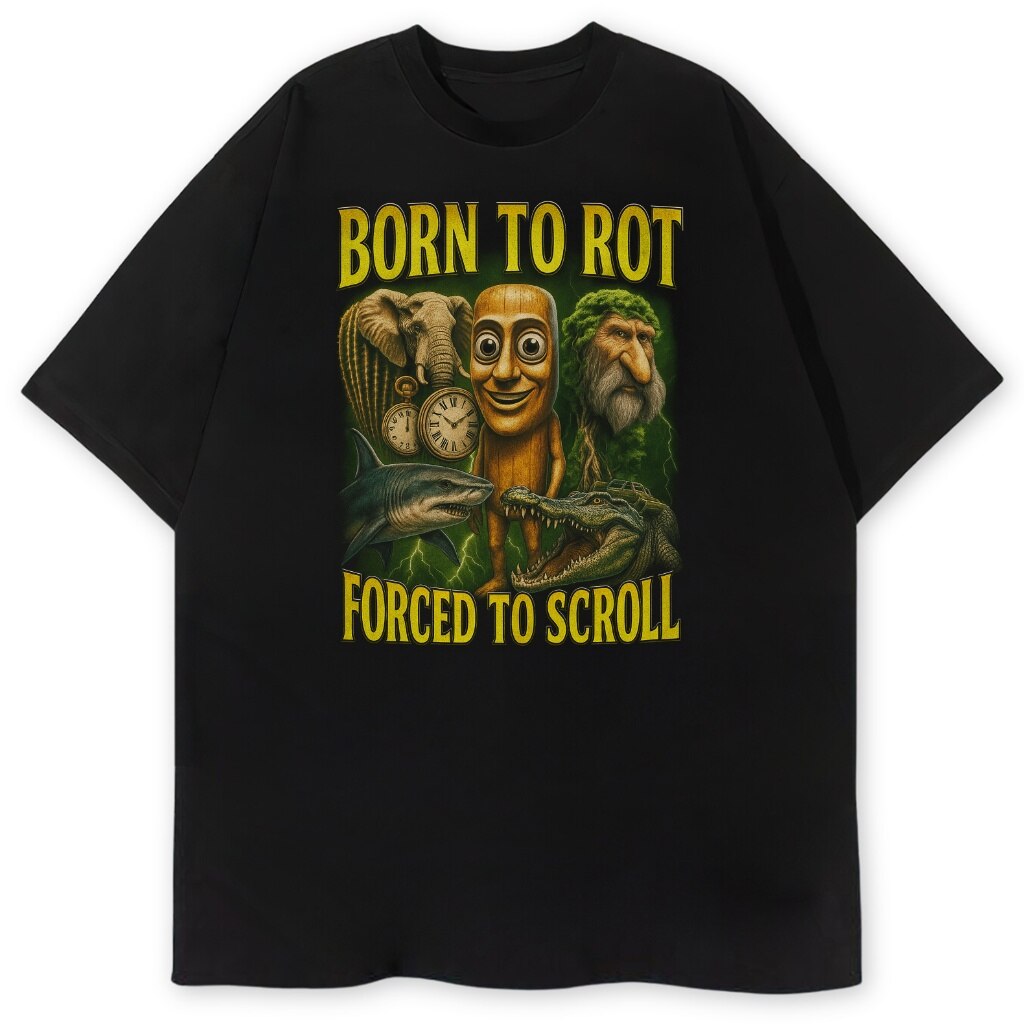 T-shirt Born To Rot z postaciami Brain Rot i napisem